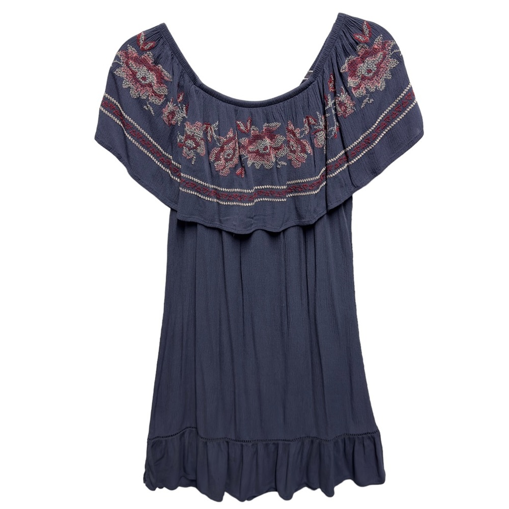 Pure Cotton Rayon Gauzy Knit Embroidery Floral Ruffle Off Shoulder Mini Dress
